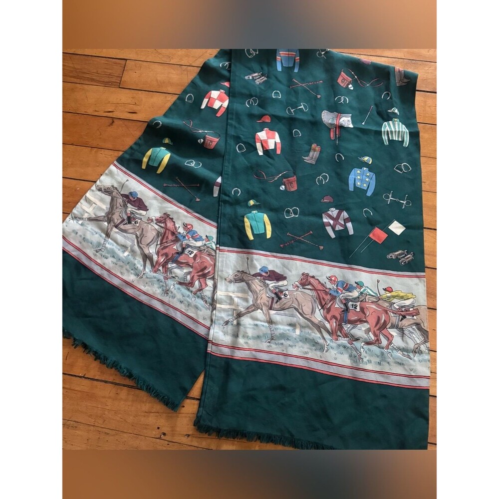 Vintage 1950s forest green silk polo player rectangular fringe scarf horse sport
